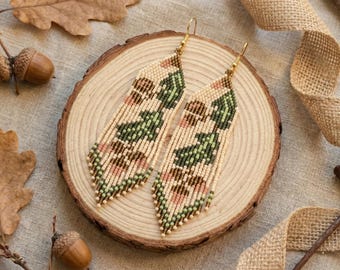 Oak Leaf Earrings Pattern | Acorn Forest Brick Stitch Bead Chart | Rustic Fall Fringe Dangle Earrings Miyuki PDF