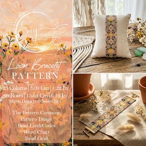 May include: A loom bracelet pattern with a floral design, featuring a beaded bracelet with a gold clasp. The pattern includes a bead chart, image, and codes. The pattern is 1.22 inches wide and 6.16 inches long.