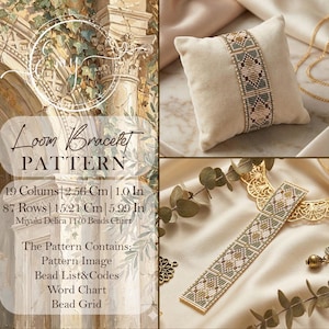 幾何学模様のミユキ織機パターン、ゴールドとグリーンのブレスレット PDF