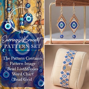 Può includere: Immagine di un set di modelli di orecchini e braccialetti. Gli orecchini sono a forma di diamante, con perline blu e oro, e il braccialetto ha un design simile. Il testo sull'immagine dice "Earrings Bracelet PATTERN SET".