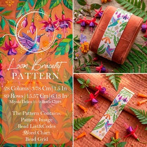 Può includere: Un modello per braccialetto a telaio con un design floreale e colibrì. Il modello include un grafico di perline, un'immagine e un grafico di parole. Il braccialetto è largo 3,78 cm e lungo 15,57 cm. L'immagine mostra anche un braccialetto finito e un portagioie.