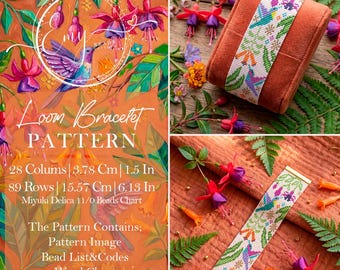 Birds and Flowers Loom Pattern - Colorful Botanical Miyuki Bead Bracelet Chart