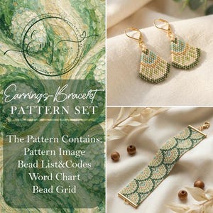 May include: A jewellery pattern set is displayed, featuring beaded earrings and a bracelet. The earrings and bracelet share a green, beige, and blue colour palette. The earrings have gold-coloured hooks. The bracelet has a rectangular shape with a scale-like design. Text is also present.