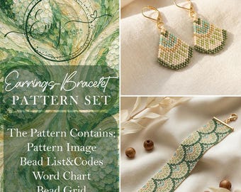 2 in 1 Miyuki Pattern Set | Sage Green Loom Bracelet & Brick Stitch Earrings Pattern | Boho Botanical Jewelry Making PDF
