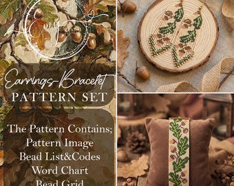 Oak Leaf and Acorn Pattern Set | Forestcore Loom Bracelet & Brick Stitch Earrings Bundle | Woodland Nature Miyuki Bead Chart PDF