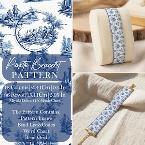 Könnte beinhalten: Ein Perlenarmbandmuster mit einem blau-weißen Blumendesign. Das Muster enthält eine Perlenkarte, eine Wortkarte und ein Perlenraster. Das Armband ist 2,41 cm breit und 15,11 cm lang. Das Muster enthält auch ein Musterbild und eine Perlenliste.
