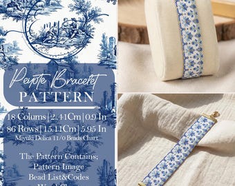 Blue Toile Bracelet, French Country Aesthetic, Miyuki Beaded Loom Jewelry, Vintage Floral Pattern, Shabby Chic Accessory