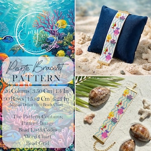 May include: A beaded Peyote bracelet pattern with a design of colourful fish and waves. The pattern includes a bead chart, word chart, and bead grid. The bracelet is 3.50 cm wide and 15.82 cm long.