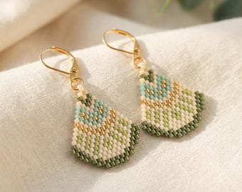 Brick Stitch Earrings Pattern | Sage Green Fan Shape Bead Chart | Gold Olive Geometric Triangle Drop Earrings | Miyuki PDF Tutorial