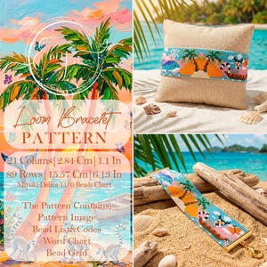 Pode incluir: Um padrão de pulseira de tear com um design tropical, apresentando uma pulseira de contas com uma cena de praia. O padrão inclui um gráfico de contas, imagem e códigos. A pulseira tem 15,57 cm de comprimento.