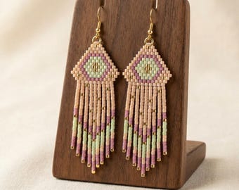 Peach & Purple Earrings Pattern - Celestial Miyuki Brick Stitch with Fringe PDF
