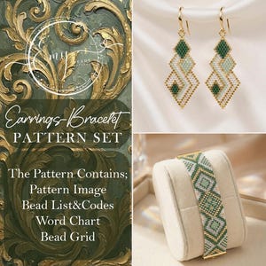 Peut inclure: Un ensemble de patrons pour boucles d'oreilles et bracelet. L'image présente une paire de boucles d'oreilles en perles vertes et blanches avec des crochets dorés, et un bracelet en perles vertes, blanches et dorées. L'ensemble comprend une image de motif, une liste de perles et des codes.