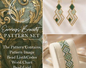 Art Deco Jewelry Set Pattern | Emerald Green & Gold Loom Bracelet and Brick Stitch Earrings Bundle | Miyuki Bead Chart PDF