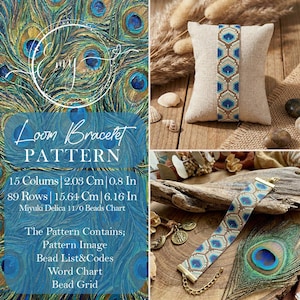 May include: A loom bracelet pattern with a peacock feather design. The pattern includes a bead chart, image, and codes. The bracelet is 2.03 cm wide and 15.64 cm long. The pattern contains 15 columns and 89 rows.