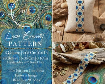 Peacock Feather Bead Peyote Pattern, Blue Boho Bracelet Design