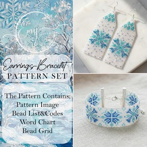 Könnte beinhalten: Ein Muster-Set für Ohrringe und ein Armband. Das Set enthält ein Musterbild, eine Perlenliste und Codes, eine Worttabelle und ein Perlenraster. Das Bild zeigt Perlenohrringe und ein Armband mit einem Schneeflocken-Design in Weiß, Hellblau und Türkis.