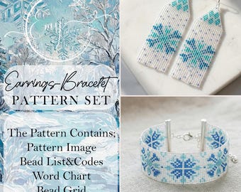 Winter Snowflake Pattern Set | Ice Blue Loom Bracelet & Fringe Earrings Bundle | Miyuki Bead Chart PDF