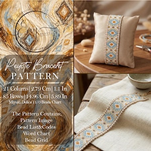 Puede incluir: Un cojín beige y una pulsera de cuentas con un patrón geométrico en azul, naranja y blanco. La imagen también incluye una tabla de patrones con medidas de 2,79 cm de ancho y 14,96 cm de largo, y el texto "Peyote Bracelet Pattern".