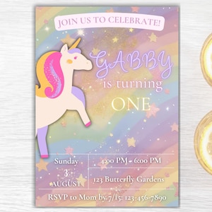 Editable Pastel Unicorn Birthday Invite | Girls Birthday Party Template | Magical Pastel Rainbow Unicorn Invite | Printable Canva Download