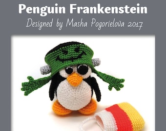 Penguin Frank - Halloween crochet toy pattern, amigurumi Frankenstein, corn bag, photo tutorial