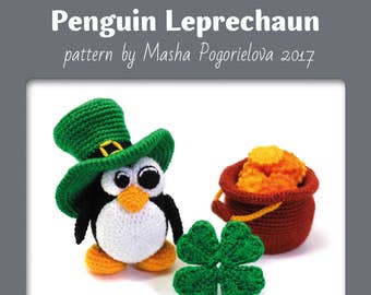 Leprechaun Penguin - crochet toy pattern for St. Patrick's Day - amigurumi photo tutorial - four leaves clover and cauldron with gold