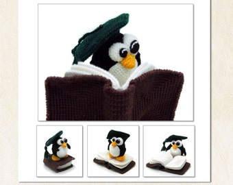 Smart Penguin - crochet toy pattern - amigurumi photo tutorial - crocheted graduate with book