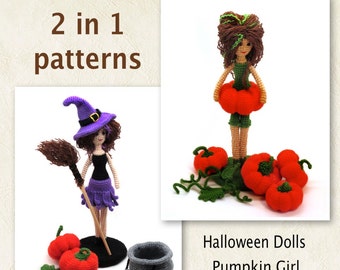 Pack of 2 Halloween Doll patterns - crochet toy pattern amigurumi Pumpkin and Witch special offer