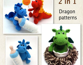 Pack of 2 Dragon Patterns - pdf crochet toy pattern, Baby Dragon amigurumi , deal