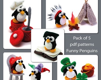 Pack #2 of 5 Penguin Patterns - crochet toy amigurumi pattern special offer