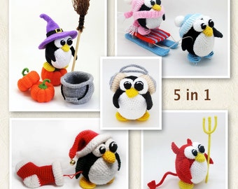 Pack of 5 Penguin Patterns  -  crochet toy amigurumi pattern special offer deal