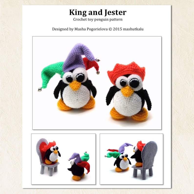 King and Jester Penguins amigurumi pattern crochet toy pattern NEW pdf photo tutorial
