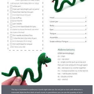 May include: Crochet pattern for a green snake amigurumi toy. The pattern includes instructions for making the head, body, tongue, and eyes. The pattern also includes a list of materials and supplies needed to make the toy.