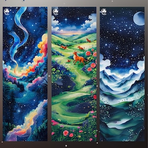 Starry Night Bookmark Set, Printable Digital Bookmarks, Mystical Landscape Art, Instant Download, Booklovers, JPG & PNG, Colourful Bookmark