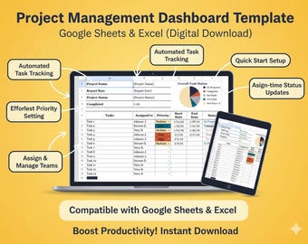 Projektmanagement Dashboard Tabelle | Google Sheets & Excel Projekt-Tracker | Aufgabenmanagement, KPIs, Fortschrittsdiagramme | Sofort Download