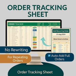 Op de afbeelding: Een computerscherm toont een bestellingstrackingsheet met de tekst "ORDER TRACKING SHEET". Andere tekst omvat "No Rewriting", "For Repeating Orders" en "Auto-Add Full Orders". Een kleiner venster toont "Add Recurring Order" en "Move Done to Archive".