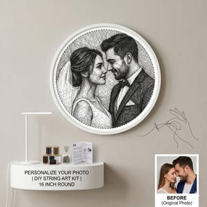 Personalized Photo String Art Kit, Custom Wall Art Craft Kit, Handmade Gift for Couples, Family & Pets, 16 Inch Round String Art