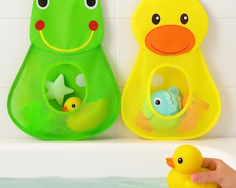 Kids Bath Toy Organizer – Frog & Duck Mesh Storage Bag – Wall Suction Cup Net