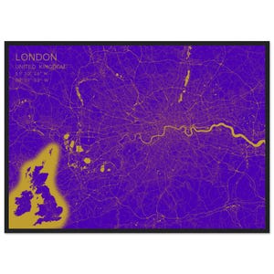 Póster con mapa de Londres dorado y azul - Póster con marco de madera y papel mate de calidad de museo (tamaño imperial)