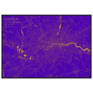 Póster con mapa de Londres dorado y azul - Póster con marco de madera y papel mate de calidad de museo (tamaño imperial)