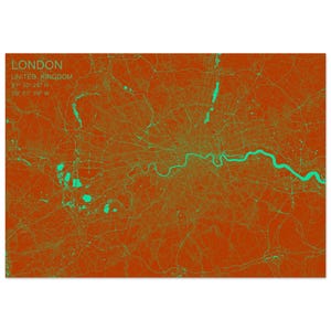 Póster de papel mate con calidad de museo (imperial) con mapa de Londres en naranja quemado y verde