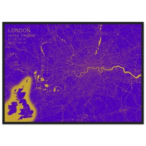 Póster con mapa de Londres dorado y azul - Marco de madera de papel mate premium (tamaño imperial)