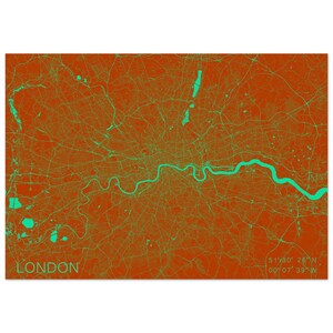 Póster de papel mate con calidad de museo (imperial) con mapa de Londres en naranja quemado y verde