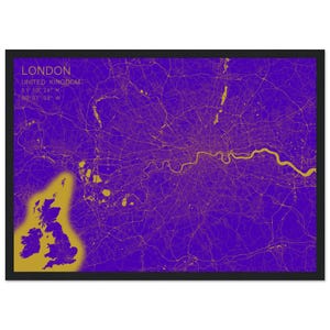 Póster con marco de madera y papel mate de calidad museística con mapa de Londres dorado y azul.