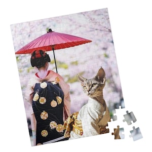 Cat and Kyoto Maiko Puzzle, 110/252/520/1014 Pieces, Gift for Cat Lovers, Family Game Night, Unique Home Decor