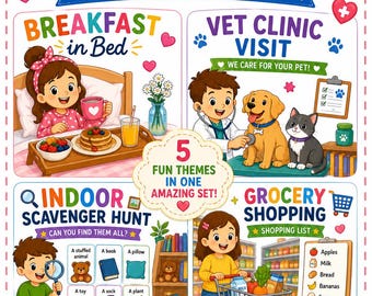 Kids Play reusable printable's for lamination - Included are Vet Clinic, Bfast-in-bed, Dental Exam, Indoor Scavenger Hunt, Grocery Shopping