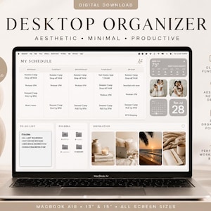 Könnte beinhalten: Ein digitaler Desktop-Organizer auf einem Laptop-Bildschirm mit einem Wochenplan, einer Aufgabenliste, Ordnersymbolen und einem Inspirationsbereich mit Fotos. Die Benutzeroberfläche verwendet eine neutrale Farbpalette mit Textbeschriftungen wie My Schedule, To-Do List, Folders und Inspiration.