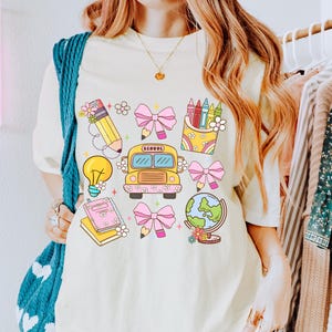 Comfort Colors Trendy Teacher Shirt, Colorful Doodle Back To School Shirt, Preppy Coquette School T-shirt, Girly Pink Bow Tee, Teacher Gifts