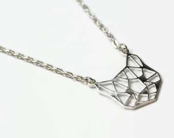 Silver cat necklace, geometric cat necklace