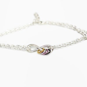 Könnte beinhalten: Ein silbernes Kettenarmband mit einem Unendlichkeits-Symbol-Anhänger. Das Unendlichkeits-Symbol ist aus Silber und hat einen rosa, lila und goldenen Akzent.