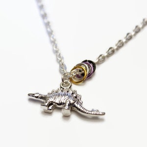 May include: A silver necklace with a stegosaurus charm and a charm with five rings in the colors of the asexual pride flag: black, white, purple, gray, and yellow.